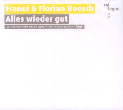 FRANUI & BOESCH FLORIAN :  ALLES WIEDER GUT  (COL-LEGNO)

Alles Wieder Gut  il nuovo disco del baritono Florian Boesch, uno dei pi richiesti interpreti di Lieder dei nostri giorni, con Franui, l'iconica formazione tirolese che si  fatta apprezzare anche all'estero per le sue particolarissime interpretazioni. Canzoni romantiche famose e meno note di Schubert, Schumann, Mahler ed altri grandi compositori vengono smontate e rimontate. Le melodie rimangono le stesse, ma l'abito con cui si presentano  nuovo di zecca: arpa, dulcimer, cetra, contrabbasso, fisarmonica e tanti ottoni e fiati ammodernano il look dei grandi classici. In Alles Wieder Gut Franui porta avanti la sua missione creativa che consiste in un'intelligente e rispettosa rilettura di opere immortali. Nel fare questo la formazione utilizza un forte potere persuasivo ed una straordinaria naturalezza ed evita soprattutto quella garbata distanza che spesso viene utilizzata quando ci si trova al cospetto dei classici.