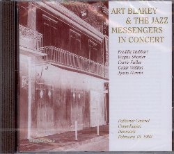 BLAKEY ART & THE JAZZ MESSENGERS :  IN CONCERT  (STEEPLECHASE)

Casa Steeplechase  orgogliosa di annunciare la nuova uscita della serie In Concert, disco dedicato al concerto che gli strepitosi Jazz Messengers, guidati dal loro storico leader Art Blakey (1919-1990), hanno tenuto al prestigioso Falkoner Centret di Copenhagen il 15 febbraio del 1962. Giusto l'anno prima la formazione era diventata un sestetto con l'arrivo di Curtis Fuller (trombone) che si aggiungeva a Art Blakey (batteria), Freddie Hubbard (tromba), Wayne Shorter (sax tenore), Cedar Walton (pianoforte) e Jymie Merritt (basso). Per l'occasione la formazione aveva proposto al suo pubblico una programma davvero avvincente che comprendeva Moon River (Henry Mancini), Contemplation (Wayne Shorter), Lester Left Town (Wayne Shorter), 'Round About Midnight (Thelonious Monk), It's Only a Paper Moon (Harry Arlem), Arabia (Curtis Fuller) e Blues March (Benny Golson).